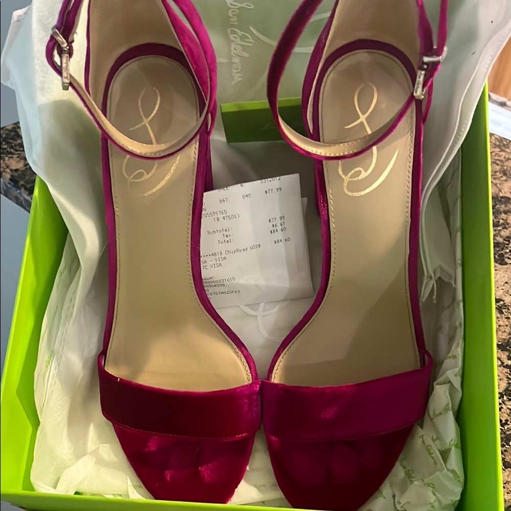 Sam Edelman Yaro “raspberry” Ankle-Strap Heels Velvet Size 9 M Worn 11x, 4 inch